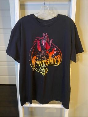 Disney Black Fantasmic! Graphic Tee with Red Orange Yellow Print